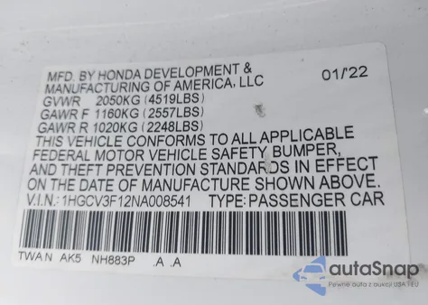 2022 Honda Accord Hybrid z USA, uszkodzony, nr VIN 1HGCV3F12NA008541